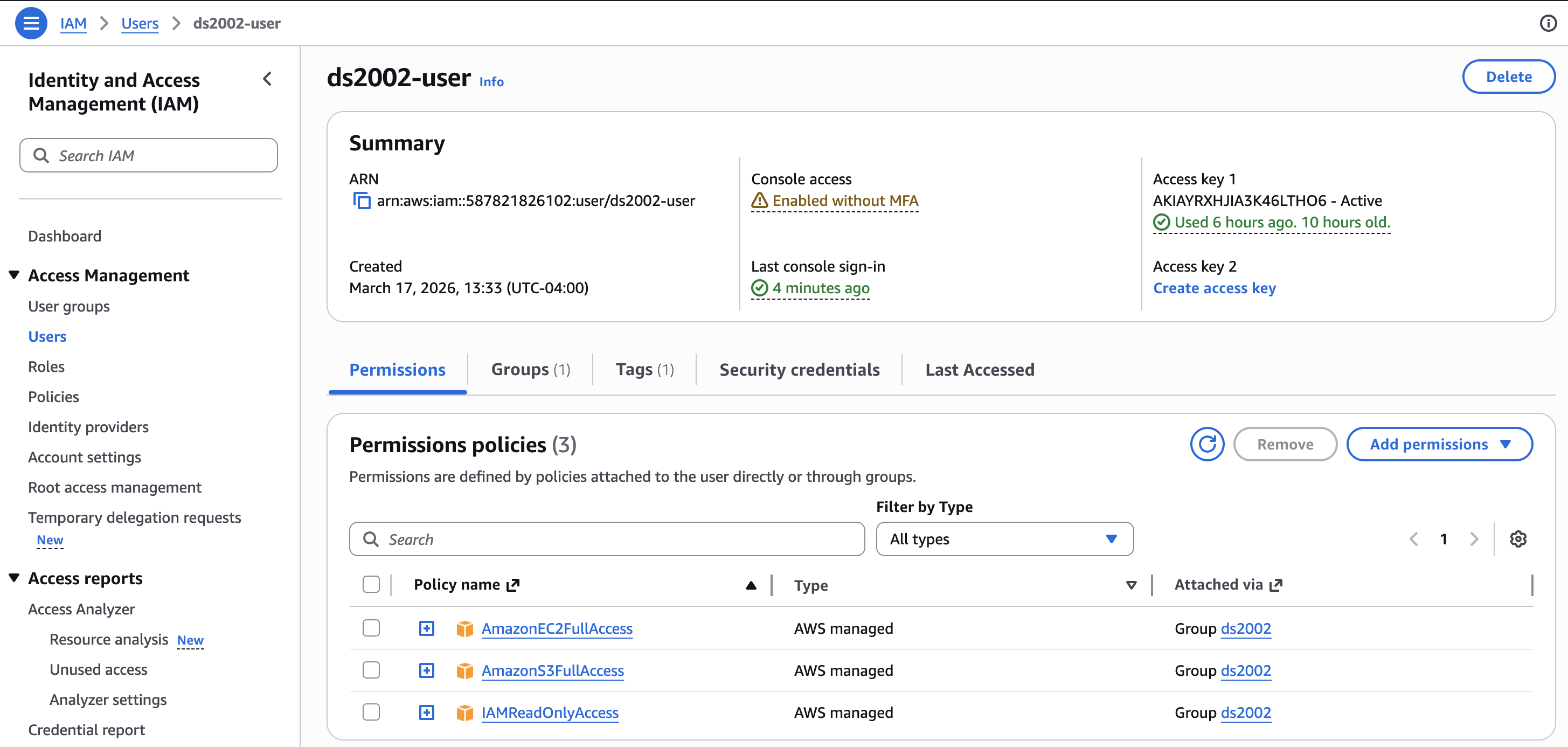 AWS user permissions