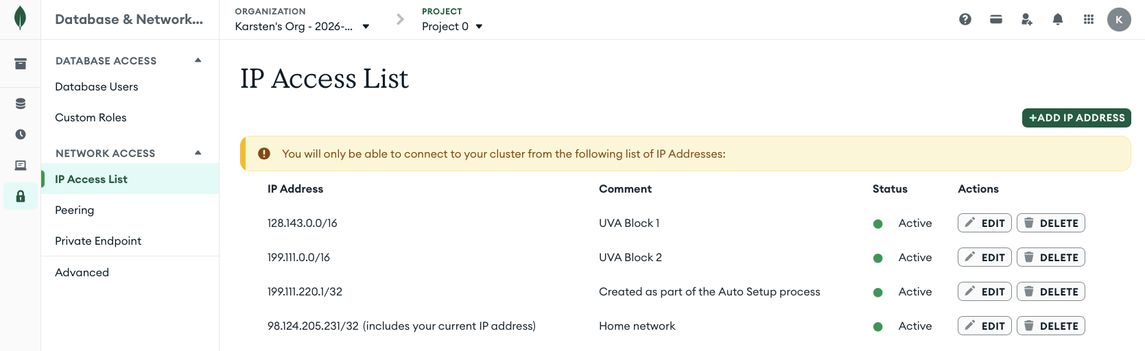 MongoDB Atlas IP access list